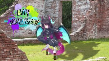 Rule 34 | 1girl, alternate costume, amalgamyte, animal ear fluff, animal ears, black pants, black track suit, breasts, crescent, dragon girl, dragon wings, drop shadow, english text, eyeshadow, gradient hair, green eyes, hair between eyes, highres, horns, indie virtual youtuber, keitherine, long hair, makeup, multicolored hair, official art, one eye closed, pants, pepe the frog, pointing, pointing at viewer, second-party source, shoes, slav squatting, solo, squatting, star (symbol), tongue, tongue out, track suit, very long hair, virtual youtuber, white shoes, wings