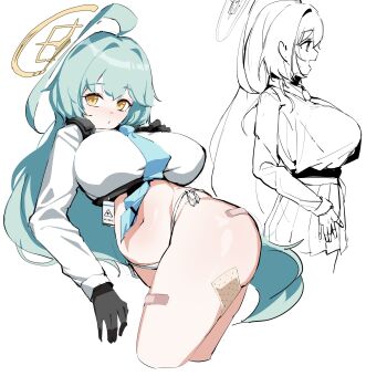 1girl absurdres antenna_hair aqua_hair aqua_necktie bandaid_on_thigh black_gloves blue_archive blue_necktie breasts gloves greyscale halo highres id_card large_breasts monochrome navel necktie plentyofempty plump school_uniform sketch solo too_many_bandaids yellow_eyes yellow_halo yume_(blue_archive)