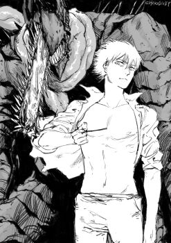 2boys absurdres artist_name chainsaw chainsaw_devil chainsaw_man chikidney closed_mouth collarbone demon denji_(chainsaw_man) floating_clothes greyscale hair_between_eyes highres holding intestine_clothing intestines looking_at_viewer looking_to_the_side male_focus monochrome multiple_boys navel no_eyes open_clothes open_shirt pants pectorals pull_cord sharp_teeth sleeves_rolled_up teeth