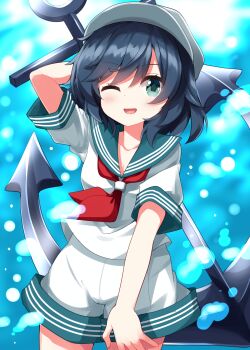 1girl :d anchor arm_behind_back blue_background blue_hair blush collarbone commentary_request cowboy_shot green_eyes green_sailor_collar hat highres looking_at_viewer murasa_minamitsu neckerchief no_dickey one_eye_closed open_mouth red_neckerchief ruu_(tksymkw) sailor_collar shirt short_hair short_sleeves shorts smile solo touhou white_hat white_shirt white_shorts