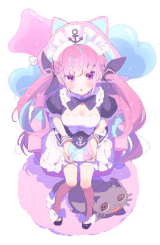 1girl :o anchor_symbol balloon blue_hair blush bow bowtie braid breasts carpet chair cleavage controller frills full_body game_controller hair_bow highres holding holding_controller holding_game_controller hololive long_hair looking_at_viewer maid_headdress minato_aqua minato_aqua_(1st_costume) multicolored_hair pink_hair puffy_short_sleeves puffy_sleeves purple_eyes serizawa_serizane shoes short_sleeves simple_background sitting solo stuffed_animal stuffed_cat stuffed_toy swivel_chair twintails two-tone_hair virtual_youtuber white_background