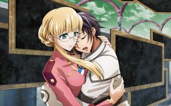 1boy 1girl artist_request black_hair blue_eyes bodysuit breasts clarice_garfield closed_eyes closed_mouth code_geass code_geass:_lost_stories crying game_cg glass highres jacket large_breasts long_hair mario_disel military_uniform non-web_source official_art open_mouth pink_shirt shirt short_hair sidelocks smile white_bodysuit