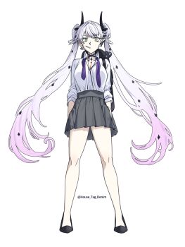 1girl breasts collared_shirt commentary_request crossed_bangs demon_girl demon_horns ear_piercing fate/grand_order fate_(series) full_body green_eyes grey_hair grey_skirt hair_between_eyes highres horns house_tag_denim korean_commentary lilith_(fate) long_hair long_sleeves looking_at_viewer medium_breasts piercing pointy_ears shirt simple_background skirt solo twintails very_long_hair white_background white_shirt