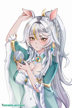 Rule 34 | 1girl, animal ears, arm up, breasts, chinese clothes, cleavage, closed mouth, compact (cosmetics), cosmetics, covered navel, fingernails, genshin impact, gold nails, grey hair, hand up, highres, holding, holding compact, horse ears, horse girl, kemonomimi mode, large breasts, long fingernails, long hair, multicolored hair, nail polish, paid reward available, simple background, solo, streaked hair, tomatolaccoon, upper body, very long hair, white background, wide sleeves, yellow eyes, zibai (genshin impact)