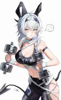 1girl absurdres ahoge arm_strap bare_shoulders black_hair black_horns black_pants black_tail breasts chinese_commentary cleavage commentary_request cowboy_shot curled_horns demon_tail double_dumbbell_pose_(han-0v0) dumbbell grey_hair hair_between_eyes highres holding holding_dumbbell horns large_breasts long_hair longmaototoro looking_at_viewer mole mole_under_eye navel official_alternate_costume pants parted_lips red_eyes signature simple_background solo spoken_sweatdrop stomach sweat sweatdrop tail white_background wuthering_waves zani_(wuthering_waves)