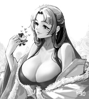 absurdres breasts character_request chinese_clothes cleavage commentary_request earrings greyscale heart highres holding holding_mini_person huge_breasts jewelry kusuriya_no_hitorigoto lips long_hair mini_person monochrome nanao_itsuki off_shoulder pairin_(kusuriya_no_hitorigoto) signature smile wide_sleeves