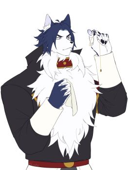 1boy animal_ears black_skirt choker claws cleaning_eyewear closed_mouth commentary d_catio dog_boy dog_ears english_commentary furry furry_male highres male_focus maou-jou_de_oyasumi red_choker red_siberian-kai round_eyewear skirt unworn_eyewear white_background