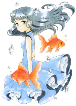 1girl blue_dress blue_eyes breasts chiori_n colored_pencil_(medium) commentary_request dress expressionless fish floating_hair goldfish grey_hair highres looking_at_viewer original small_breasts solo traditional_media water