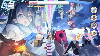 +_+ 5girls absurdres alternate_costume aris_(blue_archive) arrow_(projectile) black_bow black_gloves black_hair black_hairband black_skirt black_thighhighs black_vest blue_archive blue_scarf blush bow bow_(weapon) braid breath_weapon breathing_fire castle dragon energy_sword fake_tail fire gloves hair_between_eyes hair_bow hairband halo handheld_game_console hat headband health_bar highres holding holding_arrow holding_bow_(weapon) holding_handheld_game_console holding_polearm holding_shield holding_sword holding_wand holding_weapon jacket kei_(blue_archive) kei_(new_body)_(blue_archive) long_hair_between_eyes midori_(blue_archive) momoi_(blue_archive) multicolored_jacket multiple_girls open_mouth polearm rectangular_halo red_eyes red_hair red_halo ringed_eyes scarf shield sitting skirt smile super_h2o sword tail teeth thighhighs two-tone_jacket upper_teeth_only vest wand weapon white_hair witch_hat yuzu_(blue_archive) zettai_ryouiki