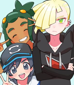 3boys aria_pkmn black_hair black_hat black_shirt blonde_hair closed_eyes closed_mouth commentary_request crossed_arms dark-skinned_male dark_skin double_v elio_(pokemon) gladion_(pokemon) green_eyes green_hair grey_eyes grin hair_over_one_eye hand_up hands_up hat hau_(pokemon) highres hood hooded_vest hoodie male_focus multiple_boys nintendo pokemon pokemon_sm shirt simple_background smile tassel teeth v vest