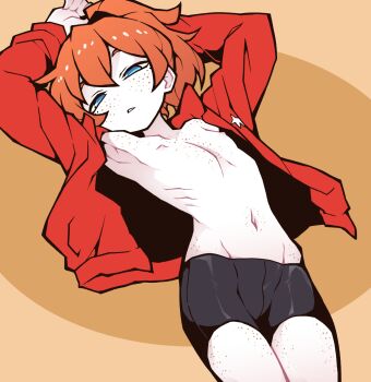 1girl akableak arms_up bike_shorts black_shorts blue_eyes body_freckles charlotte_(akableak) flat_chest freckles highres jacket long_sleeves navel nipples open_clothes open_jacket orange_hair original parted_lips red_jacket short_shorts shorts solo topless_female