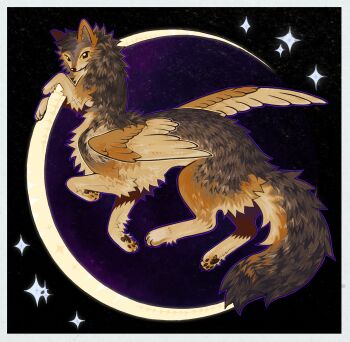 1girl animal_ears border borrowed_character breasts centauroid commentary completely_nude crescent_moon feathered_wings furry furry_female grey_fur highres kitty_(fernwhisker) looking_at_viewer medium_breasts moon nude original pawpads sideboob simple_background smile solo star_(symbol) symbol-only_commentary tail taur white_border wings wolf_ears wolf_girl wolf_tail yellow_eyes