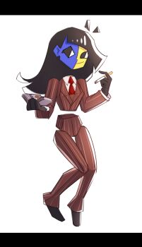 1girl absurdres atano_de black_eyes black_gloves black_hair blue_skin cigarette closed_mouth colored_skin commentary cosplay ena_(ena) ena_(series) ena_(web_series) english_commentary formal_clothes full_body gloves highres holding holding_cigarette jacket long_hair multicolored_skin necktie pants red_jacket red_necktie red_pants red_spy_(tf2) simple_background solo spy_(tf2) spy_(tf2)_(cosplay) striped_clothes striped_jacket striped_pants team_fortress_2 two-tone_skin vertical-striped_clothes vertical-striped_jacket vertical-striped_pants white_background yellow_skin