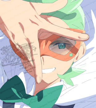 Rule 34 | 1boy, blurry, blurry foreground, bow, bowtie, cilan (pokemon), eye mask, green bow, green bowtie, green eyes, green hair, grin, hand up, highres, jojo pose, looking at viewer, male focus, mask, nintendo, pokemon, pokemon (anime), pokemon bw (anime), portrait, serizawa serizane, shirt, short hair, simple background, smile, solo, watermark, white background, white shirt