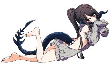 1other ass au_ra backless_dress backless_outfit bare_back barefoot butt_crack commission commissioner_upload detached_sleeves dragon_tail dress final_fantasy final_fantasy_xiv grey_sweater high_ponytail highres horns izumi_tol_amulius long_hair looking_at_viewer lying naked_sweater non-web_source on_stomach original ponytail red_eyes sakuma_gin_maru_sakuma scales skeb_commission smile sweater tail turtleneck turtleneck_sweater virgin_killer_sweater