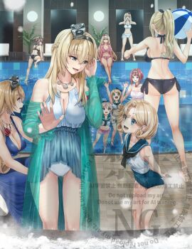 Rule 34 | alternate hairstyle, ark royal (kancolle), ass, bikini, black bikini, blonde hair, breasts, brown hair, casual one-piece swimsuit, cleavage, country connection, crown, grey hair, ifuji shinsen, indoors, janus (kancolle), javelin (kancolle), jervis (kancolle), kantai collection, long hair, medium breasts, mini crown, nelson (kancolle), one-piece swimsuit, pool, red hair, rodney (kancolle), sailor bikini, sailor collar, sailor one-piece swimsuit, sheffield (kancolle), short hair, side-tie bikini bottom, swimsuit, valiant (kancolle), victorious (kancolle), warspite (kancolle), watermark, white bikini