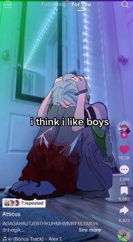 1boy alien_stage armband bracelet commentary doephin english_commentary english_text green_tank_top grey_hair grey_pants hands_on_own_head highres i_think_i_like_boys_(meme) implied_yaoi jewelry knees_up meme pants photo_background red_pants sitting solo tank_top tiktok till_(alien_stage) two-tone_pants white_footwear