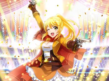 Rule 34 | 1girl, blonde hair, breasts, brown gloves, cape, cleavage, confetti, dual wielding, finger on trigger, game cg, gloves, gun, hair ornament, handgun, holding, holding gun, holding weapon, jacket, long hair, long sleeves, looking at viewer, medium breasts, official art, one eye closed, ootsuki aruru, open mouth, orange jacket, orange skirt, outstretched arms, ponytail, red cape, red scarf, revolver, scarf, shoujo kageki revue starlight, shoujo kageki revue starlight -re live-, skirt, solo, stage lights, standing, star (symbol), star hair ornament, trigger discipline, upper body, weapon, weapon request