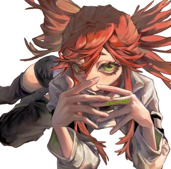 1girl aynm010330 black_leg_warmers black_shorts commentary_request cropped_jacket folded_ponytail gachiakuta green_eyes grey_jacket hair_between_eyes highres jacket leg_warmers looking_at_viewer red_hair riyo_reaper short_shorts shorts simple_background solo twitter_username white_background