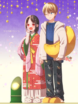 1boy 1girl alternate_costume black_hair black_pants blonde_hair blue_eyes blush chocotomamenoki clothing_request crescent_pillow dragon_print highres hood hood_down hooded_jacket jacket kaguya-sama_wa_kokurasetai_~tensai-tachi_no_renai_zunousen~ long_hair one_eye_closed open_clothes open_jacket pants parted_bangs shinomiya_kaguya shirogane_miyuki shoes short_hair white_jacket yawning