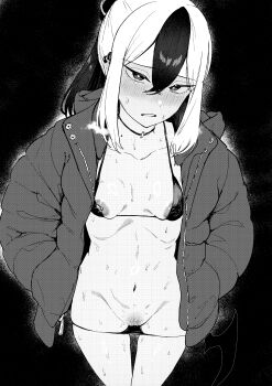 1girl absurdres bikini_pull black_background blue_archive blush breasts chocolate_on_nipples choker clothes_pull collarbone commentary earclip embarrassed female_pubic_hair frown hair_between_eyes hands_in_pockets highres horns jacket kayoko_(blue_archive) long_sleeves low_wings multicolored_hair nipple_piercing nipple_slip nipples open_clothes open_jacket parted_lips piercing ponytail pubic_hair simple_background single_wing small_breasts solo sweat two-tone_hair variant_set wings y4mori_gekko