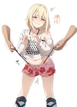 1girl absurdres bikini bikini_bottom_pull black_bikini blonde_hair blush brown_eyes commentary_request disembodied_hand embarrassed floral_print hair_down highres long_sleeves love_live! love_live!_nijigasaki_high_school_idol_club medium_hair midriff miyashita_ai narrowed_eyes navel pink_shorts pulling_another's_clothes shirt shorts sol_de_rosa_(love_live!) swimsuit tata_(tataice) translation_request white_background white_shirt