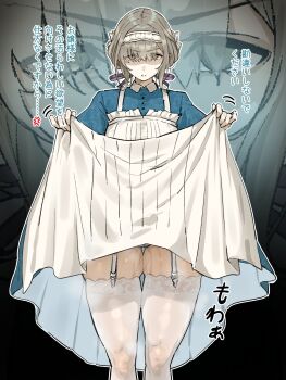 1girl apron black_ribbon clothes_lift dress dress_lift gakuen_idolmaster garter_straps glaring green_dress green_eyes grey_hair hair_ribbon hands_up highres hiwatari_kanae idolmaster maid maid_headdress motion_lines panties parted_lips ribbon scowl shaded_face short_hair solo steaming_body sweat thighhighs translation_request underwear wasawa_(wsw_999) white_apron white_panties white_thighhighs