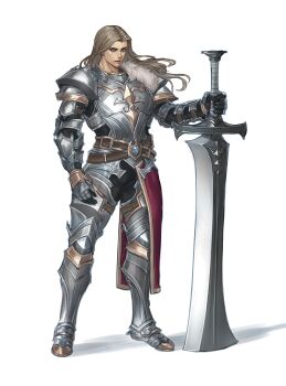 1boy absurdres armor armored_boots blonde_hair boots closed_mouth commentary_request full_body gauntlets greatsword green_eyes highres holding holding_sword holding_weapon huge_weapon knight lips long_hair looking_at_viewer male_focus nose okubatomaeba original parted_hair scar scar_across_eye scar_on_face simple_background solo standing sword weapon white_background