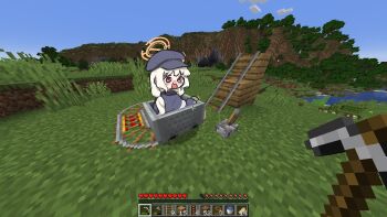 1girl aoba_(blue_archive) blonde_hair blue_archive blush chibi chibi_only game_screenshot_background grey_hat grey_jacket halo hat highres jacket long_hair looking_at_viewer low_twintails minecart minecraft minecraft_pickaxe newsboy_cap open_mouth orange_halo outdoors pickaxe pov railroad_tracks red_eyes scared screenshot_background solo somgolmae tearing_up twintails user_interface