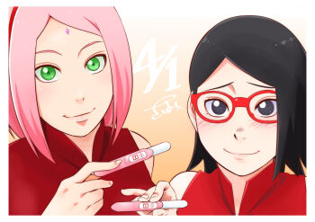 2girls balcony black_eyes blush boruto:_naruto_next_generations commentary_request facial_mark forehead_mark glasses green_eyes hairband haruno_sakura holding holding_pregnancy_test medium_hair mother_and_daughter multiple_girls naruto_(series) pink_hair pregnancy_test raised_inner_eyebrows red-framed_eyewear red_hairband sahara_wataru signature uchiha_sarada