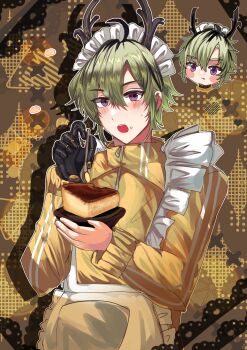 1boy antlers apron arknights arknights:_endfield black_hair blue_sealad blush brown_background cake chibi commentary eating english_commentary food food_on_face frilled_apron frills gloves green_hair highres holding horns jacket lifeng_(arknights) long_sleeves looking_at_viewer maid maid_apron maid_headdress male_focus multicolored_hair open_mouth pudding purple_eyes short_hair single_glove solo spoon unconventional_maid white_apron