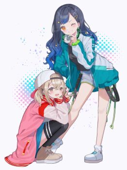 2girls :d absurdres ankle_boots azusawa_kohane backwards_hat black_hair black_hat black_shirt black_thighhighs blue_hair blush boots brown_boots brown_eyes brown_hair commentary crossed_bangs double-parted_bangs fuinagi_(huyuu_mm) full_body gradient_hair green_jacket grey_shorts grin hair_between_eyes hand_up hat highres jacket lace-up_boots long_hair long_sleeves looking_at_viewer multicolored_hair multiple_girls open_mouth orange_eyes parted_bangs pink_jacket project_sekai shiraishi_an shirt shoes shorts simple_background smile sneakers squatting standing striped_clothes striped_thighhighs thighhighs two-tone_headwear v white_background white_hat white_shoes