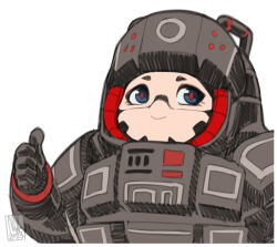 Rule 34 | 1girl, android, armor, artist name, bigmsaxon, black gloves, blue eyes, border, chibi, chibi only, commentary, english commentary, gloves, helmet, looking at viewer, metal skin, mynah (signalis), portrait, power armor, red pupils, signalis, simple background, smile, solo, thumbs up, white background, white border