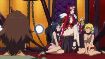 10s 3girls anchor animated animated_gif anklet bdsm blonde_hair blue_hair bondage bound bracelet breasts chain cleavage collar cuffs feathers femdom green_eyes headdress jewelry large_breasts leash leash_pull legs crossed_legs lipstick long_hair lukkage_(suisei_no_gargantia) makeup multiple_girls navel necklace paraem parinuri purple_eyes purple_hair ring sandals shackles sitting slave suisei_no_gargantia thighs throne underboob wariza yokozuwari yuri