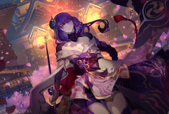 Rule 34 | 1girl, absurdres, architecture, artkurera, blunt bangs, braid, breasts, bridal gauntlets, cleavage, closed mouth, commentary, east asian architecture, english commentary, genshin impact, hair ornament, highres, japanese clothes, kimono, lantern, large breasts, leaning to the side, light smile, lingerie, long braid, looking at viewer, mitsudomoe (shape), night, off shoulder, outdoors, purple eyes, purple hair, purple kimono, raiden shogun, red sash, sash, shade, single braid, solo, standing, thighhighs, tomoe (symbol), underwear, upper body