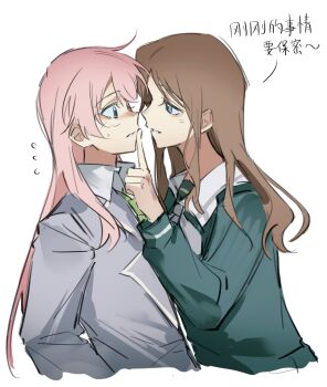 Rule 34 | 2girls, bang dream!, bang dream! it's mygo!!!!!, blue eyes, blue shirt, blush, brown hair, chihaya anon, chinese text, eye contact, finger to mouth, grey eyes, grey jacket, haneoka school uniform, highres, jacket, long hair, looking at another, multiple girls, nagasaki soyo, pink hair, school uniform, shiba257, shirt, shushing, translation request, tsukinomori school uniform, yuri