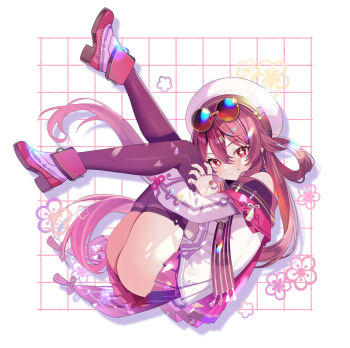 1girl ass black_thighhighs blush brown_hair eyewear_on_head fetal_position flower-shaped_pupils genshin_impact grin hair_rings hat hu_tao_(cherries_snow-laden)_(genshin_impact) hu_tao_(genshin_impact) long_hair looking_at_viewer motsunuki official_alternate_costume red-tinted_eyewear red_eyes red_nails red_shoes red_skirt round_eyewear shirt shoes skindentation skirt smile solo symbol-shaped_pupils thighhighs tinted_eyewear white_background white_hat white_shirt