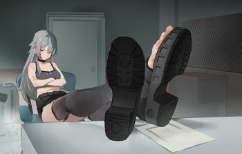 1girl absurdres blush crossed_arms feet feet_on_table grey_hair highres long_hair looking_at_viewer multicolored_hair open-toe_shoes original qiu_shu red_eyes streaked_hair