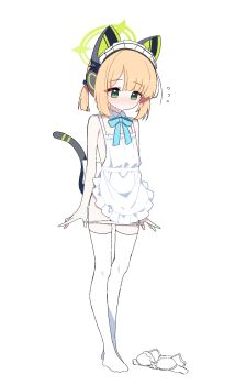 1girl animal_ear_headphones animal_ears apron blonde_hair blue_archive blue_ribbon blush bra cat_ear_headphones cat_ears cat_tail closed_mouth commentary detached_collar embarrassed fake_animal_ears flying_sweatdrops frilled_apron frills full_body green_halo halo headphones highres lmg7811 maid_apron mechanical_tail medium_hair midori_(blue_archive) midori_(maid)_(blue_archive) neck_ribbon panties panty_pull pulling_own_clothes ribbon simple_background solo standing tail thighhighs twintails underwear unworn_bra white_apron white_background white_bra white_panties white_thighhighs