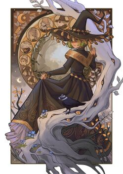 1girl absurdres aged_up alternate_costume artist_name bird black_hat blue_flower coco_(tongari_boushi_no_atelier) commentary crescent_moon crow english_commentary expressionless flower gold_trim green_eyes green_hair hanromi hat hat_tassel highres holding_own_dress large_hat leaf long_sleeves moon short_hair signature solo spoilers standing tassel tongari_boushi_no_atelier tree witch_hat