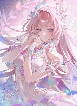 1girl commentary cyrene_(honkai:_star_rail) cyrene_(ripples_of_past_reverie)_(honkai:_star_rail) diamond-shaped_pupils diamond_(shape) dress english_commentary flower hair_flower hair_ornament highres honkai:_star_rail honkai_(series) long_hair mewutd pink_hair pointy_ears purple_eyes smile solo symbol-shaped_pupils very_long_hair white_dress