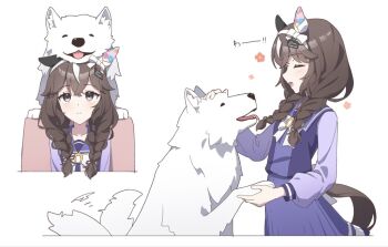 1girl animal animal_on_head auklet5580 blush braid breasts brown_hair chair closed_eyes collarbone commentary_request curren_bouquetd&#039;or_(umamusume) dog hair_between_eyes hair_ornament horse_girl looking_at_viewer low_twin_braids on_head open_mouth petting school_uniform sitting small_breasts smile tracen_school_uniform twin_braids umamusume white_background