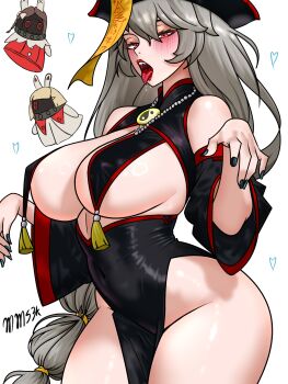 1girl alexandrina_sebastiane black_dress black_hat black_nails blush breast_curtains breasts commentary_request curvy dress grey_hair hair_between_eyes hat highres jiangshi large_breasts long_hair looking_at_viewer mommymilkers3k outstretched_arms red_eyes sidelocks simple_background solo standing tongue tongue_out underboob very_long_hair white_background zenless_zone_zero zombie_pose