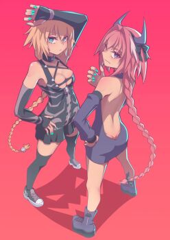 Rule 34 | 1boy, 1girl, arm above head, ass, astolfo (fate), backless dress, backless outfit, blonde hair, blue eyes, bow, braid, braided ponytail, breasts, butt crack, choker, cleavage, demon horns, detached sleeves, dress, fate/grand order, fate (series), fingerless gloves, gloves, hair bow, hand on own hip, hej 510, horns, jeanne d'arc (fate), latex, looking at viewer, looking back, medium breasts, pink eyes, pink hair, skindentation, skirt, thighhighs, trap