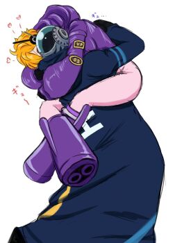 1boy 1girl android artist_request black_boots black_gloves black_jacket blush bodysuit boots breasts clenched_teeth colored_shadow covered_navel gloves hair_over_one_eye hands_in_pockets happy highres hug jacket leg_lock long_sleeves one_piece orange_eyes pink_bodysuit puffy_long_sleeves puffy_sleeves purple_boots purple_eyes purple_jacket shadow short_eyebrows simple_background sleeves_past_wrists standing teeth thick_eyebrows trembling vegapunk_lilith vegapunk_shaka white_background