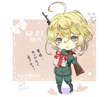 Rule 34 | 1girl, assault rifle, baggy pants, belt, black boots, blonde hair, blue eyes, blush, boots, border, bow, box, brown background, brown belt, buttons, chibi, chibi only, commentary request, copyright name, cross, dated, flying sweatdrops, full body, gem, gift, gift box, green jacket, green pants, gun, hair between eyes, hands up, heart, high ponytail, highres, holding, holding gift, holding gun, holding weapon, iron cross, jacket, jewelry, leather, leather boots, long hair, long hair between eyes, long sleeves, looking at viewer, mandarin collar, military, military jacket, military uniform, open mouth, outside border, pants, pendant, ponytail, red bow, red gemstone, rifle, shadow, sidelocks, signature, simple background, solo, standing, tanya degurechaff, translation request, weapon, weapon on back, white border, white bow, youda (seravichacha), youjo senki