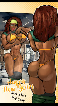 Rule 34 | 1girl, abs, ass, bikini, brown eyes, brown hair, commentary, dark-skinned female, dark skin, english commentary, english text, happy new year, hero tales, highres, long hair, looking at reflection, new year, orange bikini, rabies-t-lagomorph, swimsuit, very dark skin, violent milieu