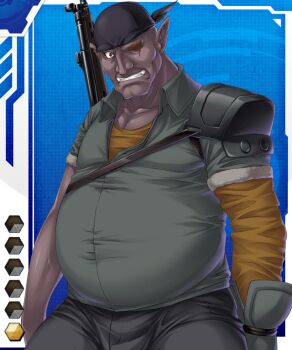 Rule 34 | 1boy, bandana, card (medium), dark skin, fat, fat man, gradient background, lilith-soft, male focus, missing eye, monster, pointy ears, scar, solo, taimanin (series), taimanin asagi battle arena all card gallery, taimanin asagi kessen arena, weapon, zokuto