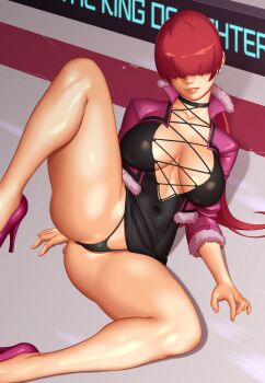 Rule 34 | 1girl, ass, breasts, cleavage, cleavage cutout, clothes lift, clothing cutout, dress, earrings, female focus, fishnets, fluffy, jacket, jewelry, large breasts, latex, leather, leg up, nipple slip, nipples, no bra, pale skin, panties, ponytail, red hair, shermie (kof), shiny clothes, shiny skin, shiory, skirt, skirt lift, the king of fighters, thighs, tight clothes, tight dress, twintails, underwear