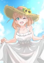Rule 34 | 1girl, ;d, aqua eyes, blue sky, blush, breasts, cleavage, cloud, collarbone, commentary request, cowboy shot, crossed bangs, dress, flower, hair ornament, hat, hat flower, highres, hinoshita kaho, light brown hair, link! like! love live!, long dress, looking at viewer, love live!, medium breasts, medium hair, one eye closed, open mouth, rabbit hair ornament, skirt hold, sky, sleeveless, sleeveless dress, smile, solo, straw hat, sundress, sunflower, teeth, two side up, upper teeth only, virtual youtuber, white dress, yunite68